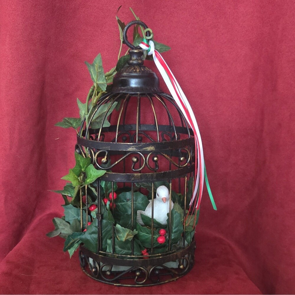Decorative Metal Birdcage w/ Faux Ivy Leaves, Red Berries & White Bird